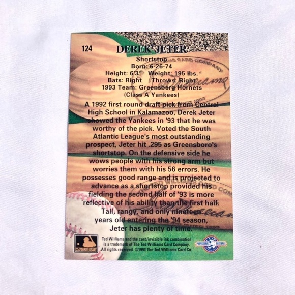 1994 Derek Jeter in his Hornets Jersey Card by the Ted Williams Card Company. - Picture 3 of 12